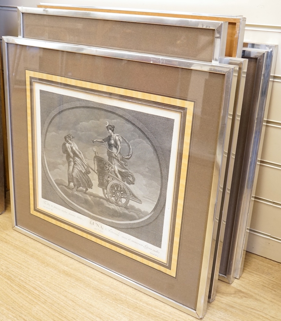 After Carlo Lasinio (Italian, 1759-1838), Roman gods to include, ‘Lunar’, ‘Jupiter’ and ‘Venus’, a set of seven engravings, each 23 x 40cm